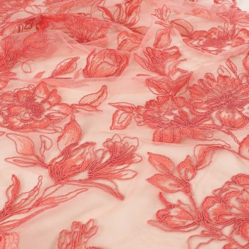 Coral floral embroidery on tul